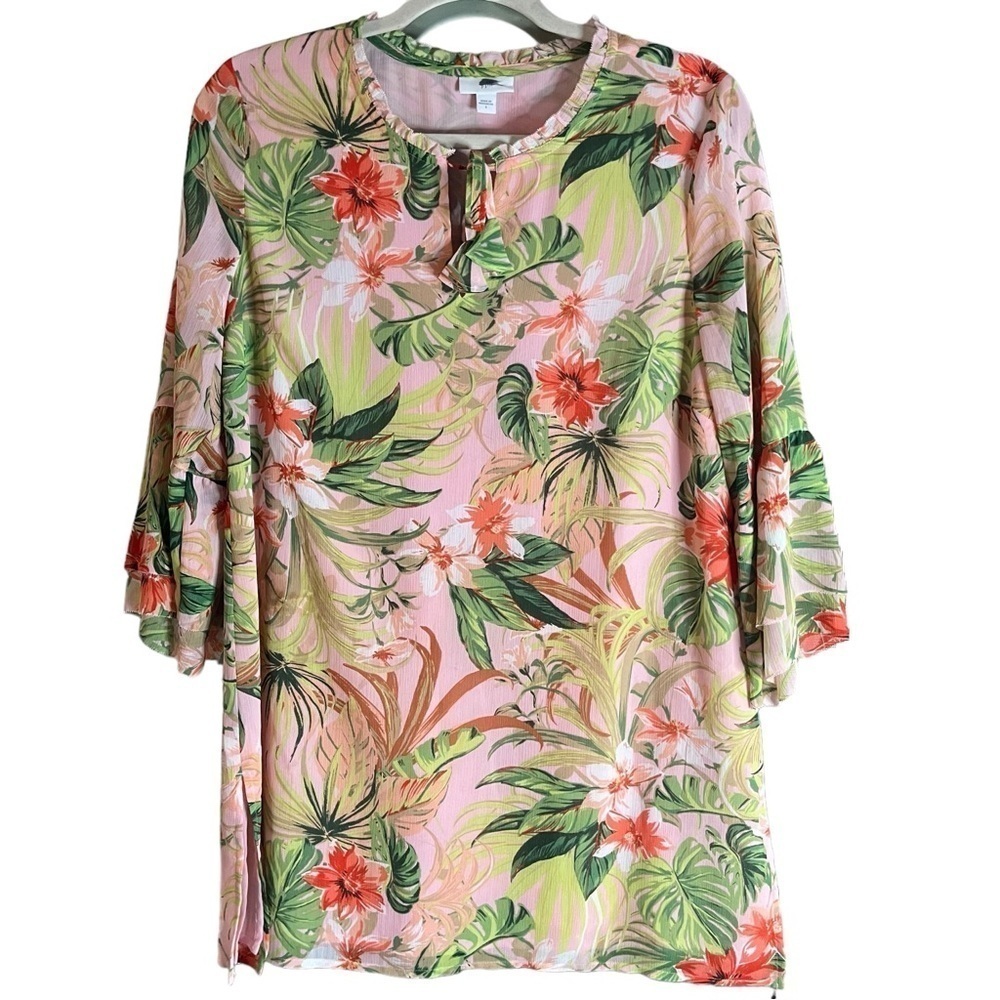 J. Jill Chiffon Paradise Peach/ Green  Tropical Print Tunic Top Sz S